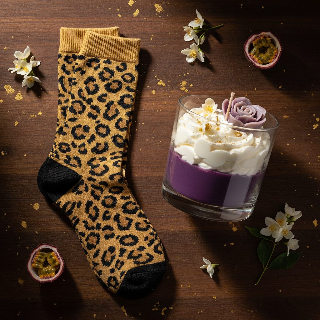 Kit Leopard — Meias Leopard + Vela Maracujá e Jasmim Grande